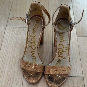 Sam Edelman Gold and Tan Cork Heels
